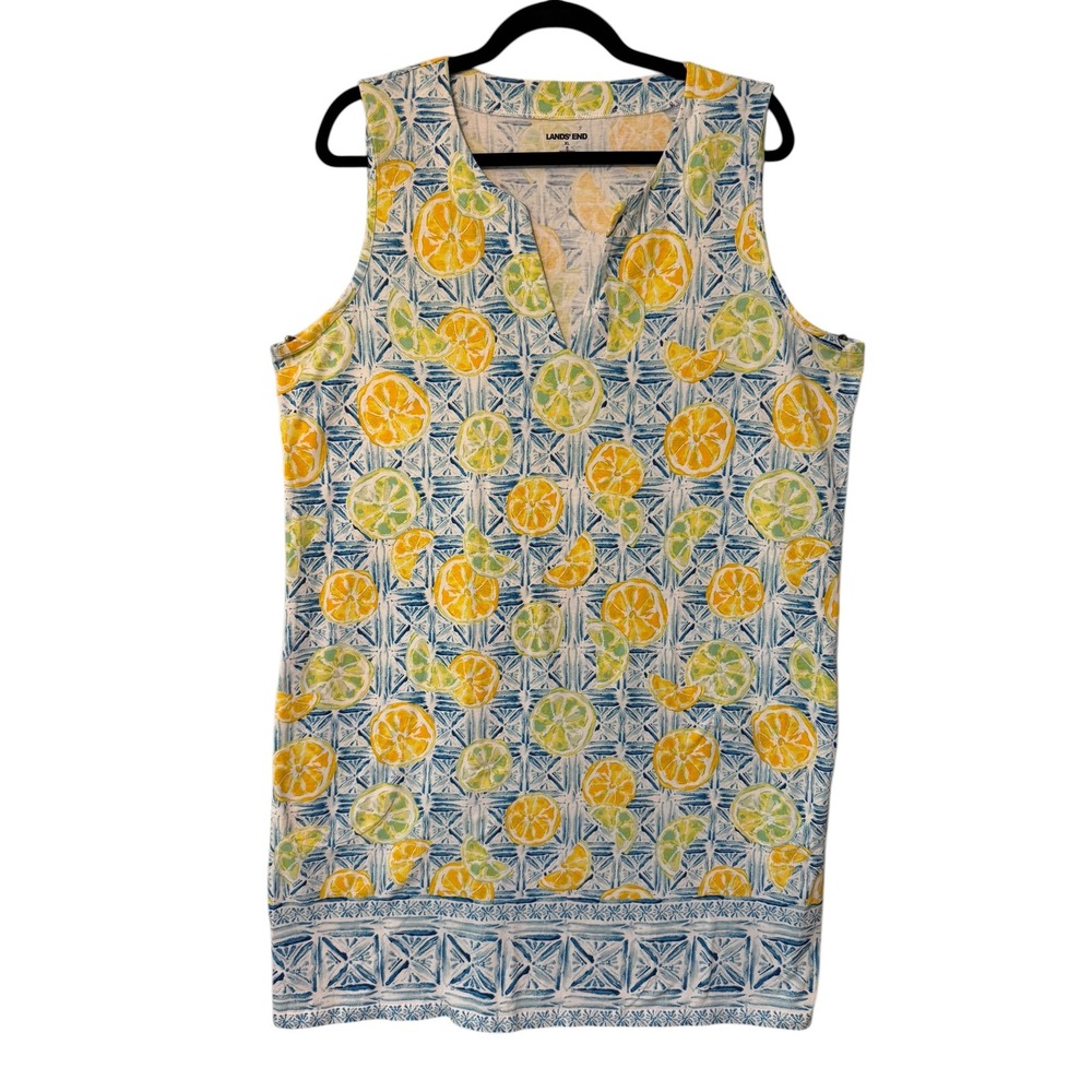 Lands End Shift Dress Womens XL Blue Yellow Lemon Lime Fruit Print Sleeveless